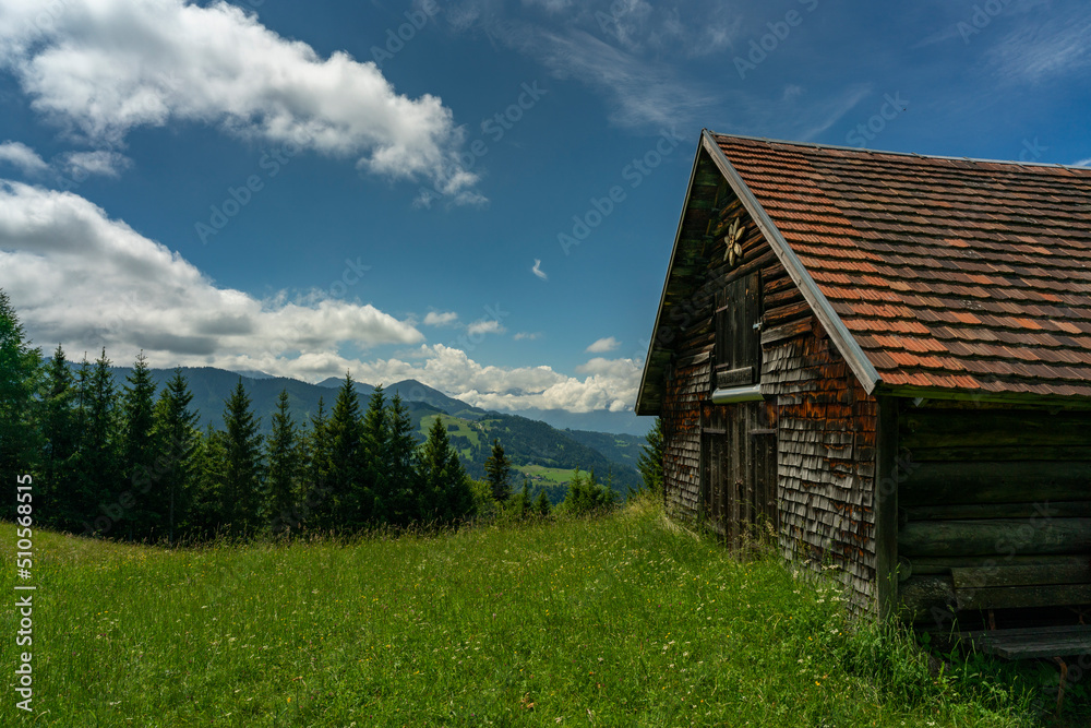 alter Heustadel, Hütte auf einem Hügel, Holzschopf am Waldrand, kleines Haus mit Aussicht über das Rheintal. sonniger Tag mit kleinen Wolken
