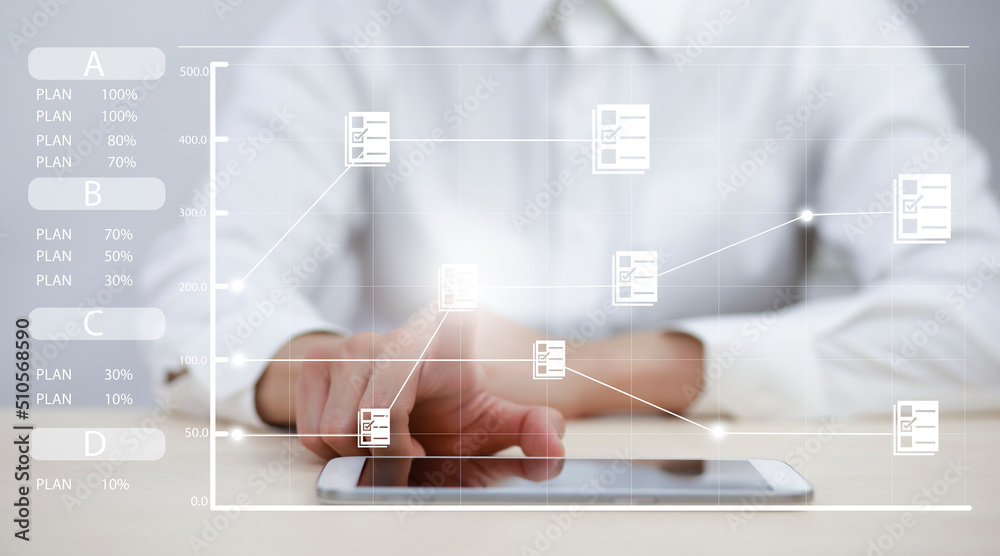 Businessman hand touch folder of document Management System,  online documentation database and process automation to efficiently manage files work, knowledge, Corporate business technology.