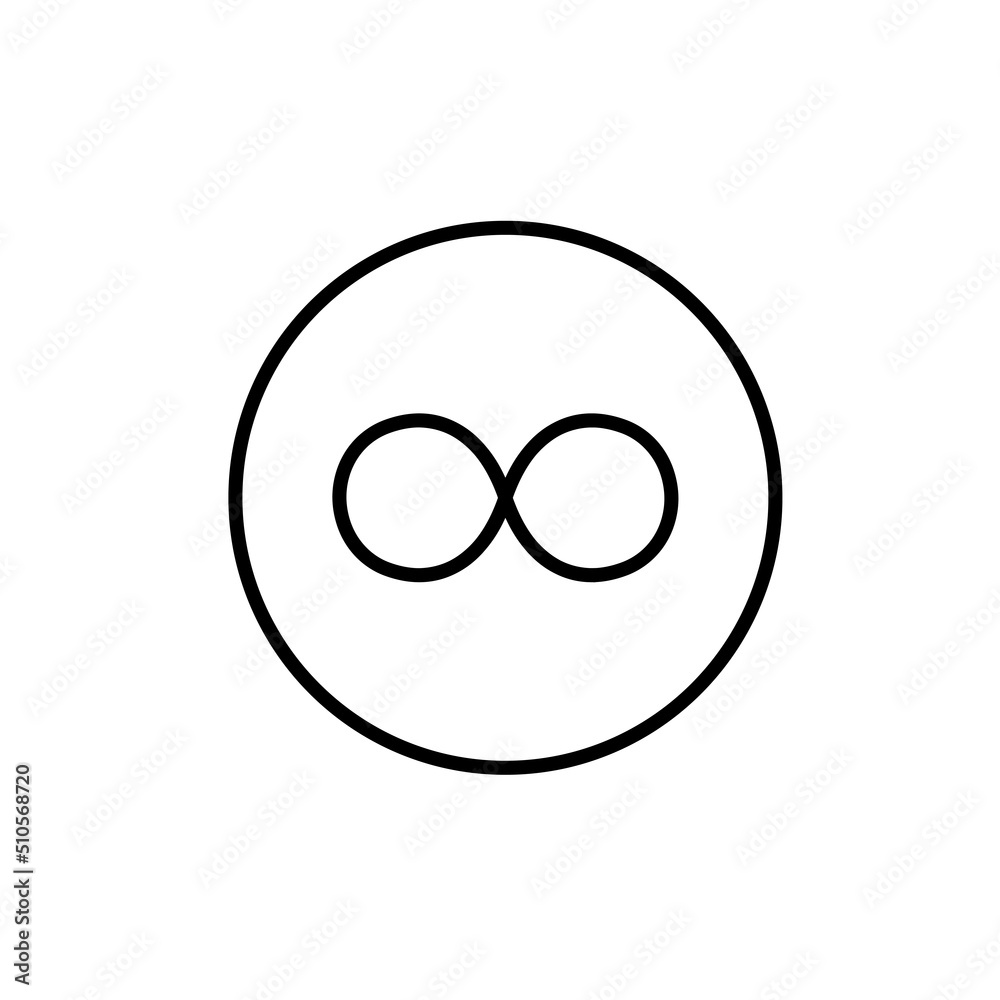 Infinity symbol in circle vector icon in black. Isolated on white background. Trendy flat, outline mark, sign, used for: infographic, logo, mobile, app, banner, web design, dev, ui, ux, gui. EPS 10 Infinity symbol in circle vector icon in black. Isolated on white background. Trendy flat, outline mark, sign, used for: infographic, logo, mobile, app, banner, web design, dev, ui, ux, gui. EPS 10