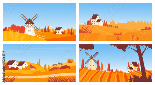 Village autumn landscape with mill, wheat farm fields vector illustration set. Cartoon agriculture countryside scenery with houses, windmill and vineyard on rural land, tractor harvesting background