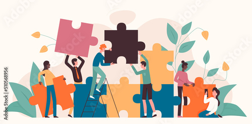 Community of business people building teamwork and cooperation. Cartoon corporate tiny characters connect and match puzzle parts together, make achievement flat vector illustration. Challenge concept photo
