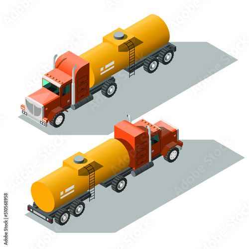 Set Abstract Isometric Collection 3D Gasoline Tanker Car Transport Working Technique Vehicle Vector Design Style