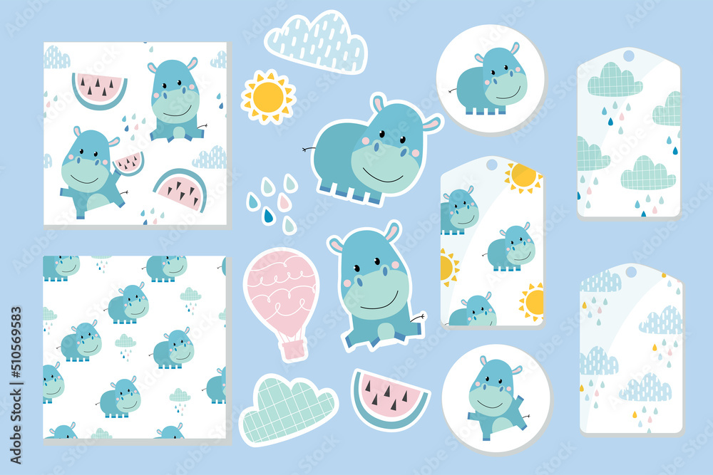 Vector. Hand-drawn set. Stickers and labels for clothes and gifts. Cute hippos stickers, clouds, watermelon, sun. Patterns with clouds, drops and hippos in the Scadinas style. A large, unique set. 