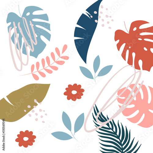 Seamless pattern with tropical leaves and doodles. Banana leaves  branches  monstera  dots in doodle style. Trendy wallpaper on a white background.