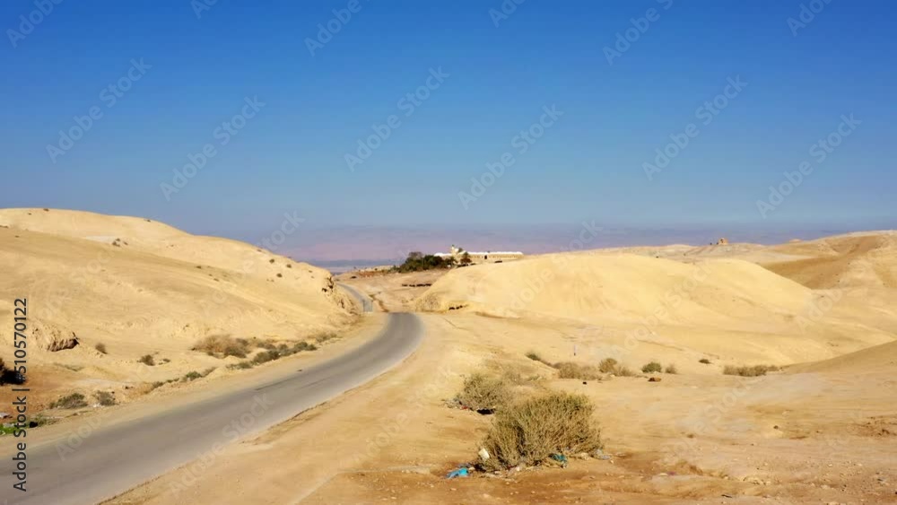 Aerial: Prophet Moses Mosque Against Clear Sky In Desert, Drone Flying Forward On Sunny Day - An-Nabi Musa, Israel Aerial: Prophet Moses Mosque Against Clear Sky In Desert, Drone Flying Forward On Sunny Day - An-Nabi Musa, Israel