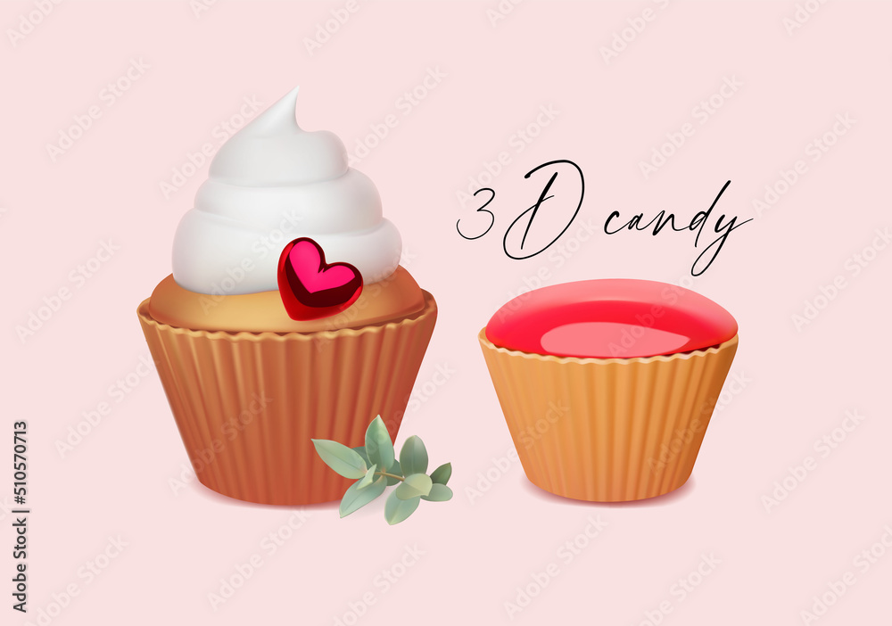 3D cupcakes set with glaze, creme and heart. Cake collection. 3D cupcakes set with glaze, creme and heart. Cake collection.
