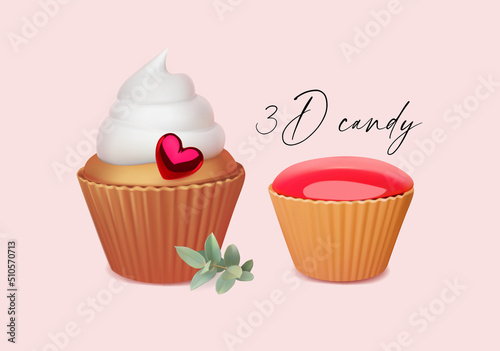 3D cupcakes set with glaze, creme and heart. Cake collection.