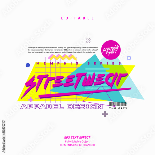 Street wear apparel Memphis style text effect editable premium vector Premium Vector