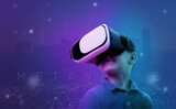 Boy with VR glasses in a metaverse environment concept. Purple background with net threads and outlines of the futuristic city of the future.