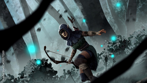 Foto Elf girl in a hood with a bow and arrows sneaks in a magical forest and prepares to attack