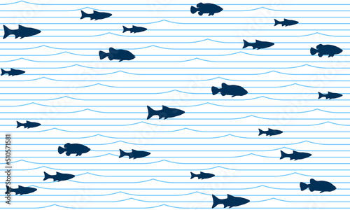 School of fish swimming seamless pattern vector print. Ocean or sea waves, curve stripes background.