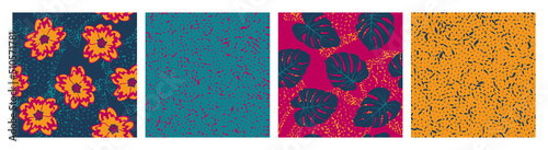 Grain texture and floral seamless pattern vector set. Botanical design of pri...