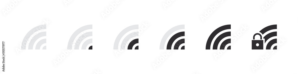 Wifi signs. Wireless and wifi icon. Wireless internet signal bars. Vector icons Wifi signs. Wireless and wifi icon. Wireless internet signal bars. Vector icons