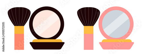 Compact powder set, decorative cosmetics, cosmetic product for skin. Open compact with a mirror and a thick brush. Makeup set, beauty products. Flat graphic vector illustration isolated, face powder