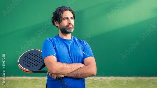Man who playing padel tennis with space for text. Caucasian player sportsman. © REC Stock Footage
