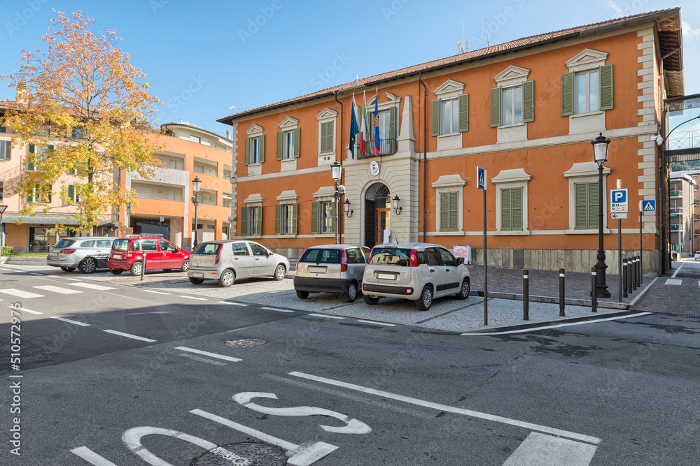 Center of the Oggiono town with the town hall, square Garibaldi. Oggiono is a small town on Lake Annone in northern Italy, province of Lecco