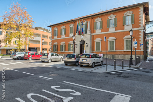 Center of the Oggiono town with the town hall, square Garibaldi. Oggiono is a small town on Lake Annone in northern Italy, province of Lecco