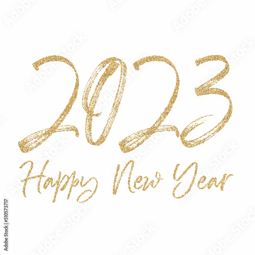 Happy new 2023 year Elegant gold glitter text with light. Minimal text template