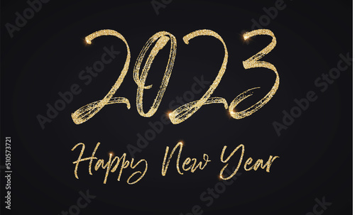 Happy new 2023 year Elegant gold glitter text with light. Minimal text template