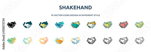 shakehand icon in 18 different styles such as thin line, thick line, two color, glyph, colorful, lineal color, detailed, stroke and gradient. set of shakehand vector for web, mobile, ui