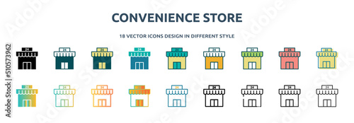 convenience store icon in 18 different styles such as thin line, thick line, two color, glyph, colorful, lineal color, detailed, stroke and gradient. set of convenience store vector for web, mobile,