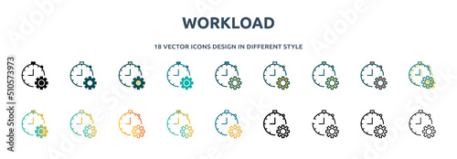 workload icon in 18 different styles such as thin line, thick line, two color, glyph, colorful, lineal color, detailed, stroke and gradient. set of workload vector for web, mobile, ui