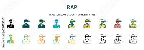 rap icon in 18 different styles such as thin line, thick line, two color, glyph, colorful, lineal color, detailed, stroke and gradient. set of rap vector for web, mobile, ui