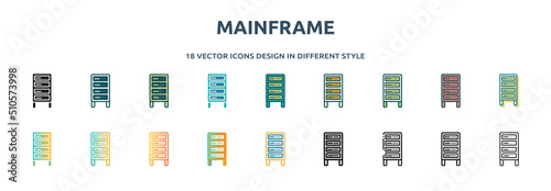 mainframe icon in 18 different styles such as thin line, thick line, two color, glyph, colorful, lineal color, detailed, stroke and gradient. set of mainframe vector for web, mobile, ui