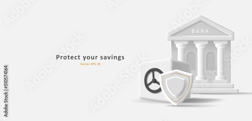 3d illustration of bank building icon with safe box and security shield