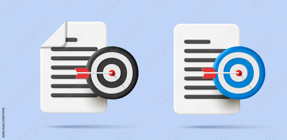 Set of 3d icons of file document with target and arrow Set of 3d icons of file document with target and arrow