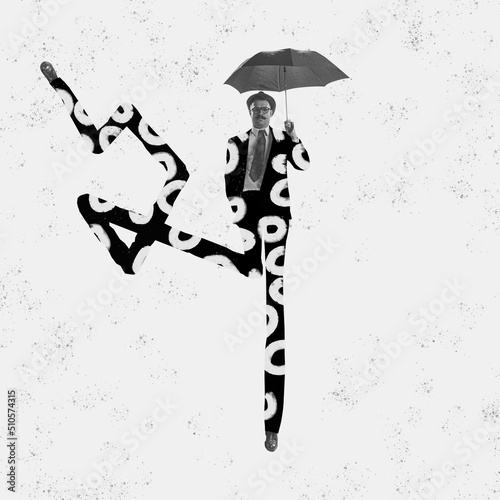 Contemporary art collage. Young business man in 60s  70s fashion style suit with long drawn legs isolated on paper effect background. Fashion  art  surrealism.