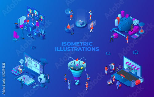 Set of dark isometric illustrations. Sales funnel, hiring, online education, shopping, virtual reality and invesment.