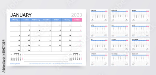Calendar 2023 year. Planner calender template. Week starts Monday. Desk schedule layout. Yearly stationery organizer with 12 month. Horizontal monthly diary grid in English. Vector simple illustration photo