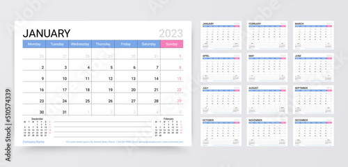Calendar 2023 year. Planner calender template. Week starts Monday. Desk schedule layout. Yearly stationery organizer with 12 month. Horizontal monthly diary grid in English. Vector simple illustration