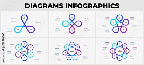 Slides with circle infographics elements for business presentation. Vector info graphic cycle design templates. Concept with 3, 4, 5, 6, 7 and 8 options, parts or steps.
