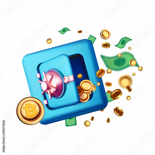 3D open safe box with flying golden coins and dollars. Money protection render. Frontal view. Banking safety clip art.