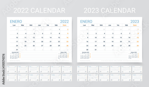 2022 2023 Spanish calendars. Planner template. Week starts Monday. Calender layout with 12 month. Yearly stationery organizer. Table schedule grid. Horizontal monthly diary. Vector simple illustration