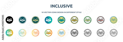 inclusive icon in 18 different styles such as thin line, thick line, two color, glyph, colorful, lineal color, detailed, stroke and gradient. set of inclusive vector for web, mobile, ui
