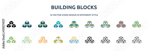 building blocks icon in 18 different styles such as thin line, thick line, two color, glyph, colorful, lineal color, detailed, stroke and gradient. set of building blocks vector for web, mobile, ui photo
