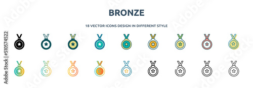 bronze icon in 18 different styles such as thin line, thick line, two color, glyph, colorful, lineal color, detailed, stroke and gradient. set of bronze vector for web, mobile, ui