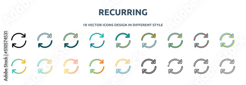 recurring icon in 18 different styles such as thin line, thick line, two color, glyph, colorful, lineal color, detailed, stroke and gradient. set of recurring vector for web, mobile, ui