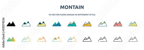 Tableau sur toile montain icon in 18 different styles such as thin line, thick line, two color, glyph, colorful, lineal color, detailed, stroke and gradient