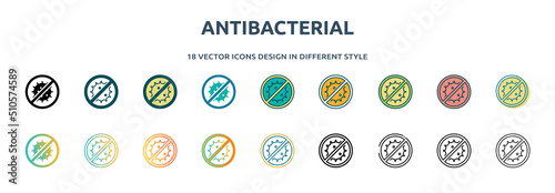 antibacterial icon in 18 different styles such as thin line, thick line, two color, glyph, colorful, lineal color, detailed, stroke and gradient. set of antibacterial vector for web, mobile, ui