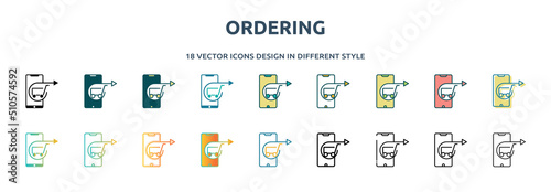 ordering icon in 18 different styles such as thin line, thick line, two color, glyph, colorful, lineal color, detailed, stroke and gradient. set of ordering vector for web, mobile, ui