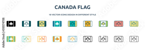 canada flag icon in 18 different styles such as thin line, thick line, two color, glyph, colorful, lineal color, detailed, stroke and gradient. set of canada flag vector for web, mobile, ui