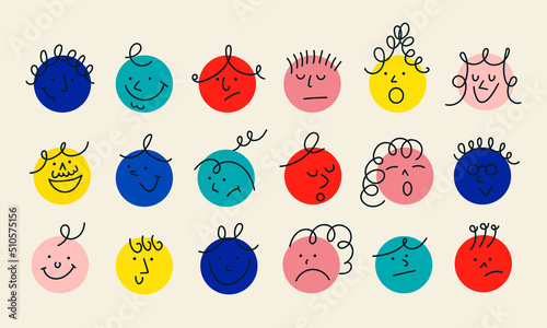 Face smile character abstract icon. Happy family cartoon doodle expression avatar people vector illustration concept. Comic fun eye and emoticon funny emoji person set. Cute crayon round art drawing