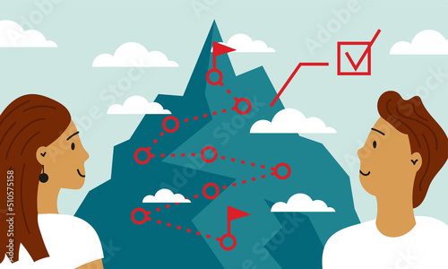 Leadership mountain achievement and character growth direction. Career future strategy rise vector illustration concept. Cooperation team finish and achieve flag. Progress training and climbing peak