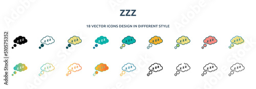 zzz icon in 18 different styles such as thin line, thick line, two color, glyph, colorful, lineal color, detailed, stroke and gradient. set of zzz vector for web, mobile, ui