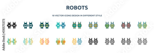 robots icon in 18 different styles such as thin line, thick line, two color, glyph, colorful, lineal color, detailed, stroke and gradient. set of robots vector for web, mobile, ui