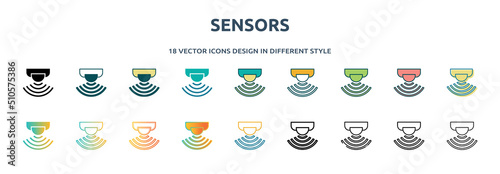 sensors icon in 18 different styles such as thin line, thick line, two color, glyph, colorful, lineal color, detailed, stroke and gradient. set of sensors vector for web, mobile, ui